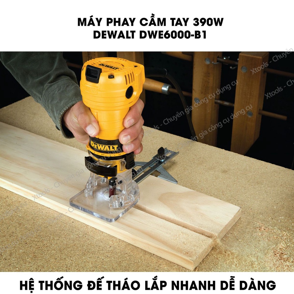 Máy phay cầm tay DeWALT DWE6000-B1 390W , Máy mài cầm tay tốc độ không tải 31000 RPM đơn tốc.mũi phay tối đa 22mm