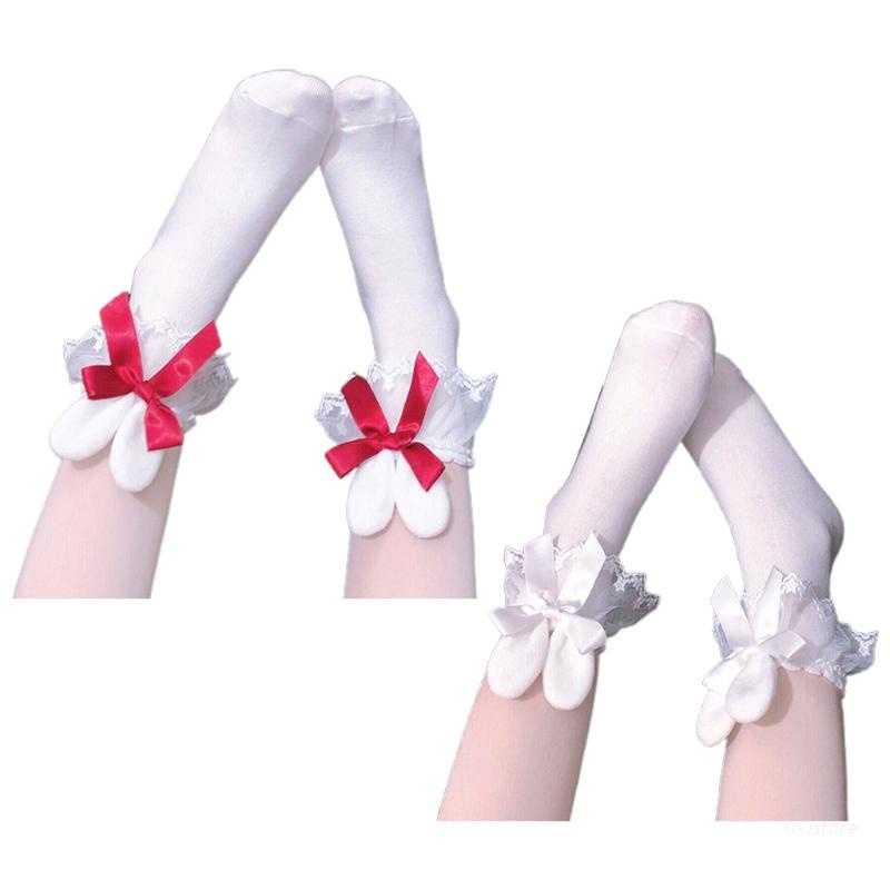 Vớ cotton ren ống vừa phối tai thỏ vải lông và nơ phong cách Nhật Bản Lolita ngọt ngào cho học sinh