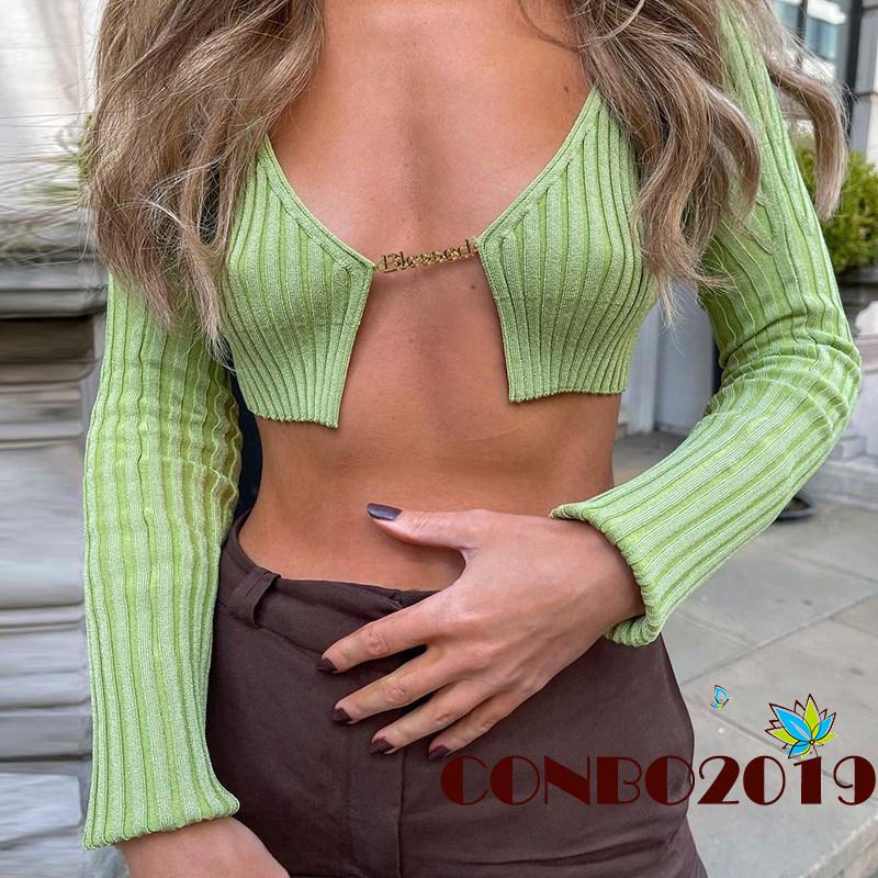 Áo Thun Mỏng Tay Dài Cổ Sâu Co Giãn Màu Sắc Trơn Dành Cho Nữ