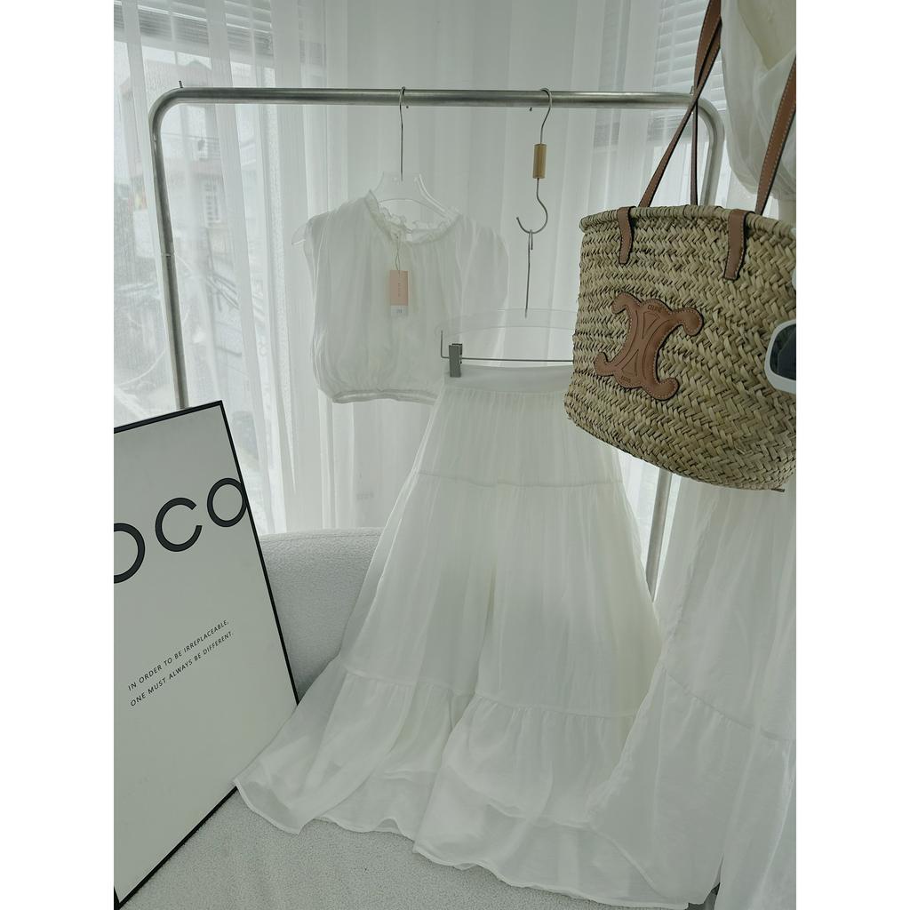 SET ÁO CROPTOP  SÁT NÁCH PHỒNG REN + CHÂN VÁY MIDI TRẮNG (TH)
