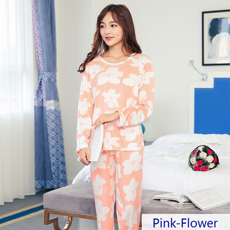 Autumn Long Sleeve Cute Cartoon Animal Print Milk Fiber Sleepwear Women Pajama Set Home Clothing