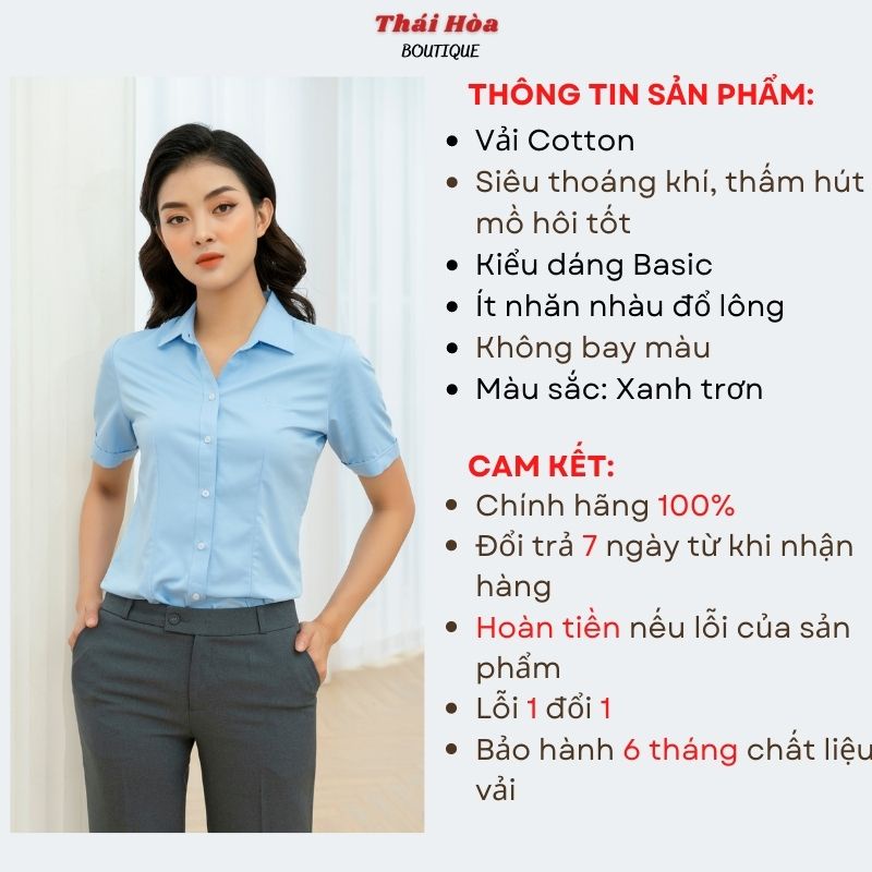 Áo sơ mi nữ tay ngắn bigsize công sở đẹp kiểu xanh cotton Thái Hoà N047-06-01