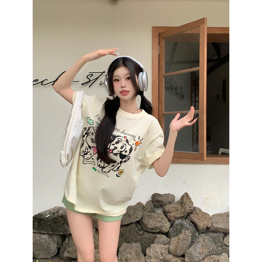 「 WELOVE1 」Áo Thun Nữ Tay Ngắn Cổ Tròn Dáng Rộng In Hình Chú Cún Đốm Dễ Thương Phong Cách Hàn Quốc Mới
