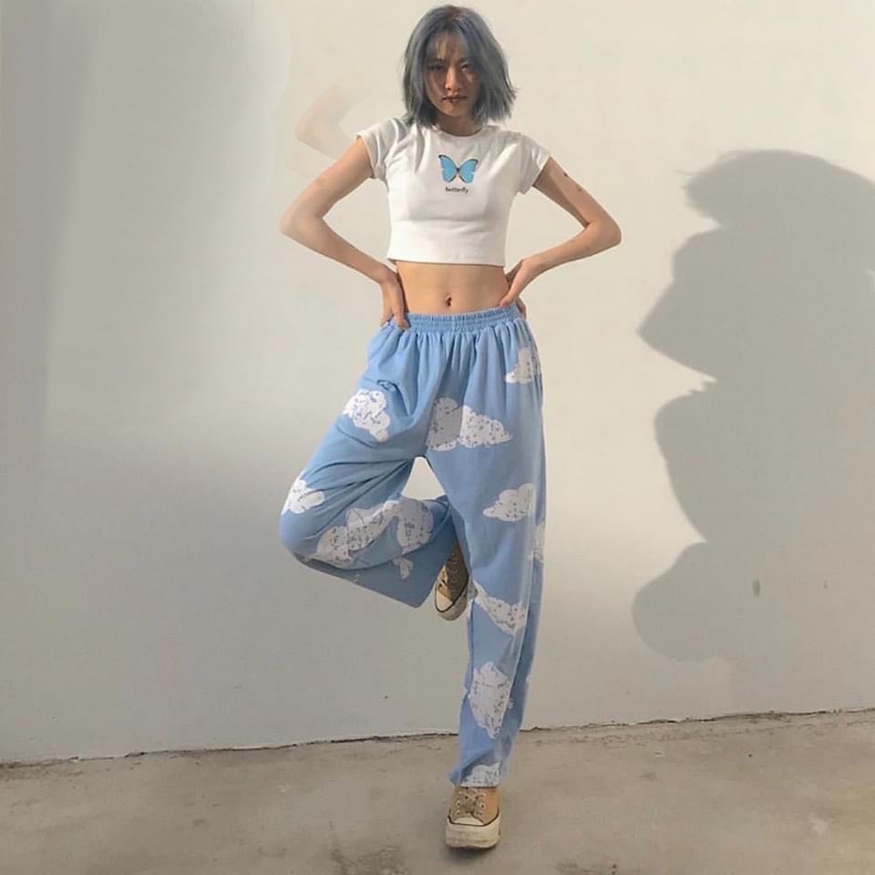 Set Quần Jogger Kèm Áo Croptop 🦋 Bộ Áo Croptop Thêu Bướm kèm Quần Sky 🦋