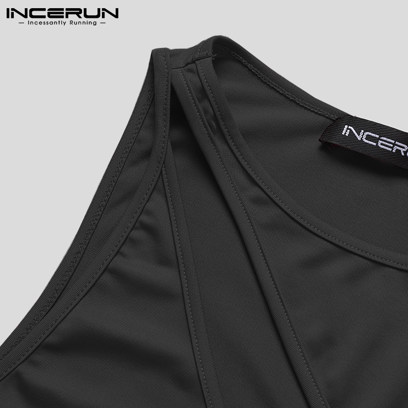 Áo thun INCERUN cổ tròn dáng ôm khoét rỗng không tay thoải mái cho nam màu đen