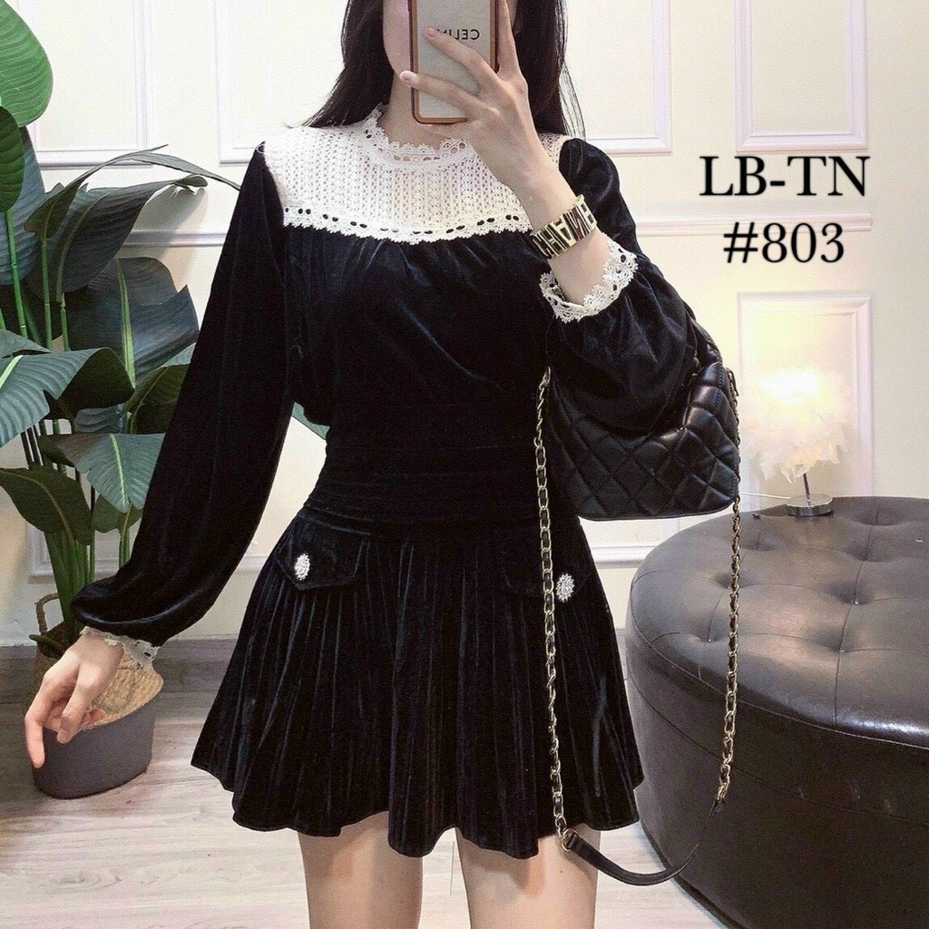 Chân váy nữ chất nhung xòe dập ly quảng châu kèm túi đính đá sang trọng