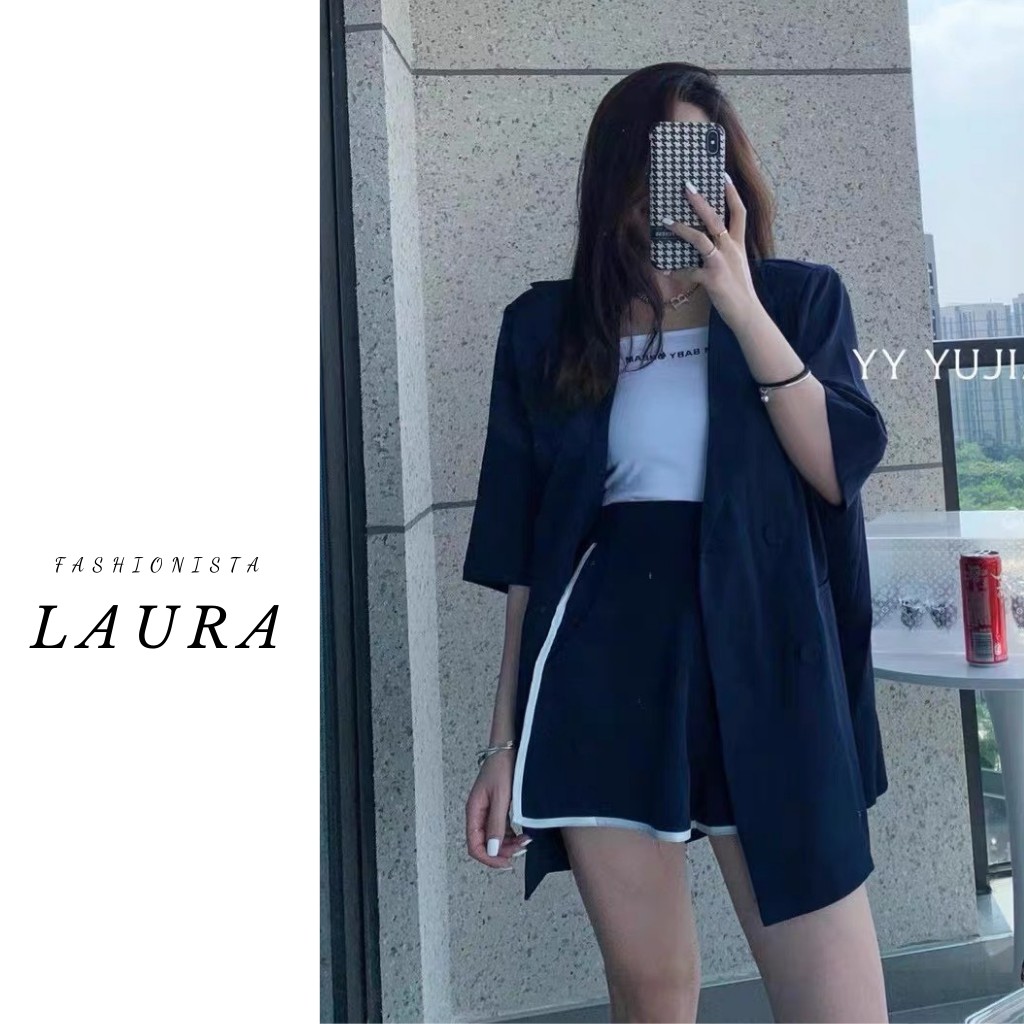 Set áo blazer nữ kèm quần short nữ xanh than Laura Boutique - Set áo vest nữ kèm quần sooc nữ năng động