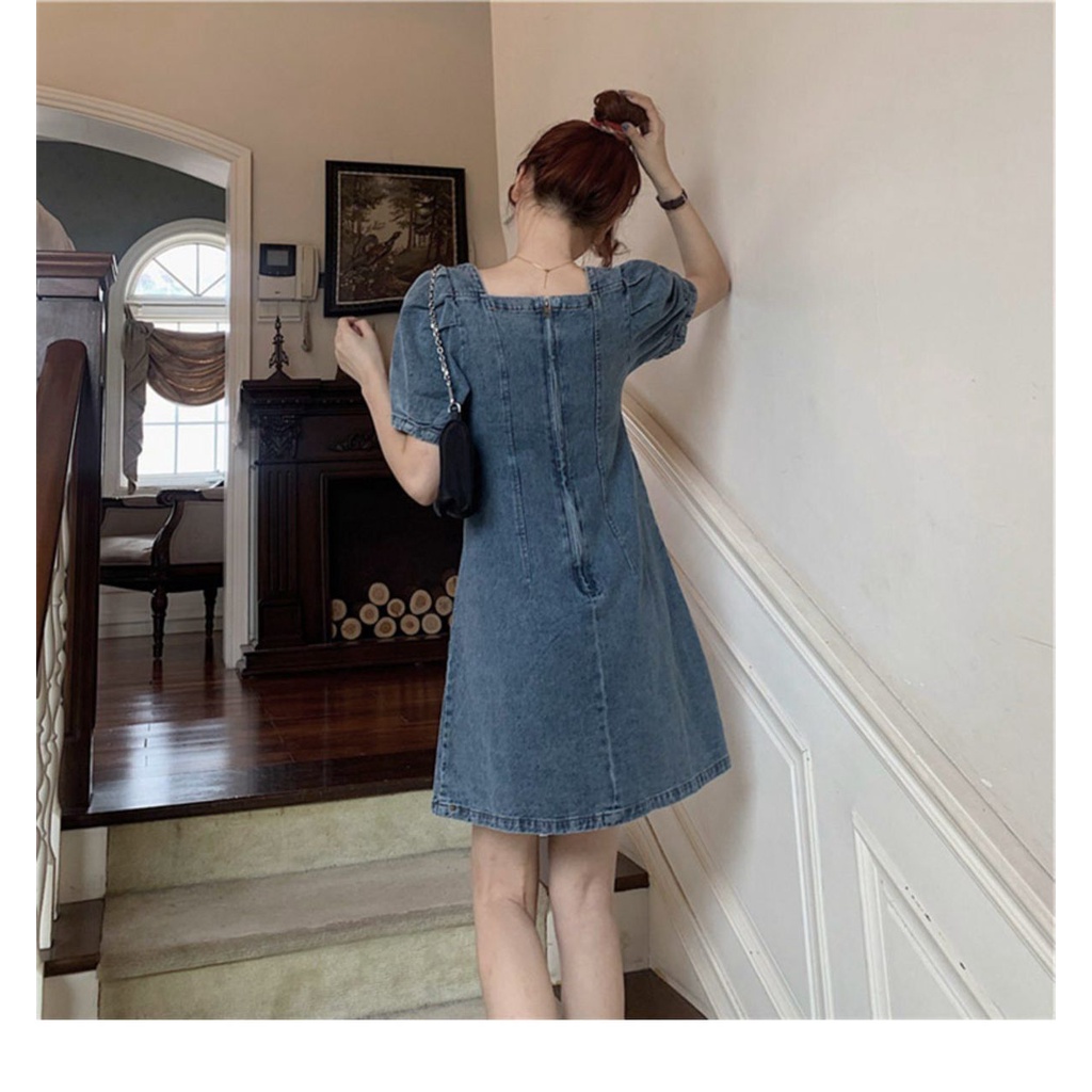 Đầm Denim Tay Phồng Dáng Chữ A Thời Trang Mùa Hè Pháp Thanh Lịch