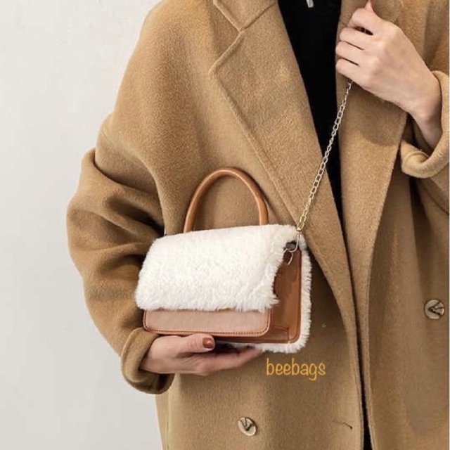 Túi Da Phối Lông Nữ Cầm Tay Dây Xích Sang Chảnh Phù Hợp Mọi Outfit | LC08 | Túi Nâu Kết Hợp Lông Sang Trọng Đi Chơi