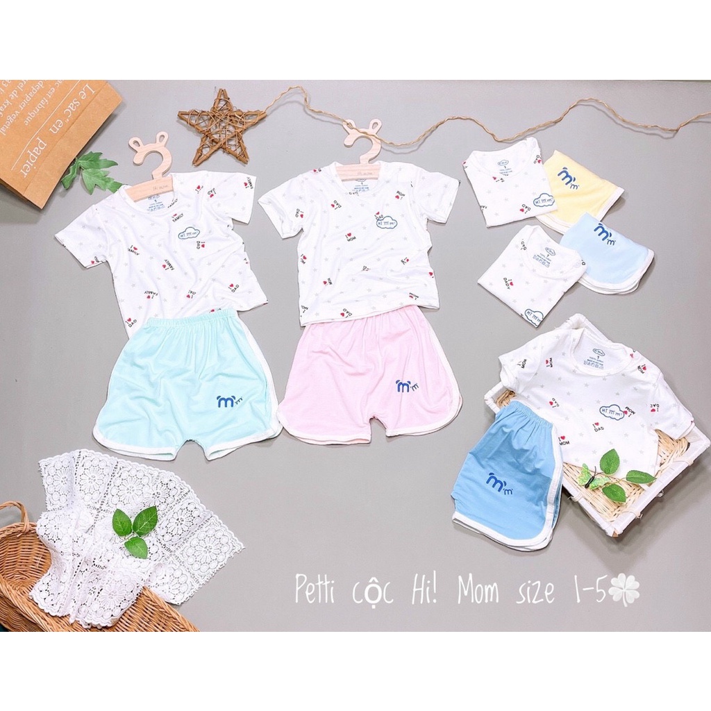 Bộ cộc tay pettit thun lạnh cài vai Hi mom họa tiết I Love Mom Dad Family phối quần màu