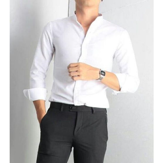 Áo sơ mi nam cổ trụ màu trắng vải lụa mỏng cao cấp chống nhăn chống xù Trendyman