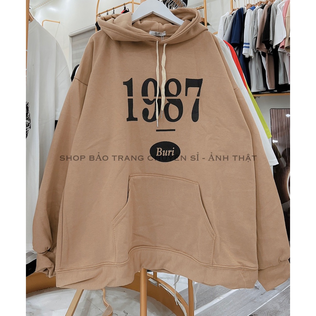 Áo Nỉ Hoodie 1987 Nâu Tây Form Rộng Unisex Kiểu Dáng Hàn Quốc Ulzzang
