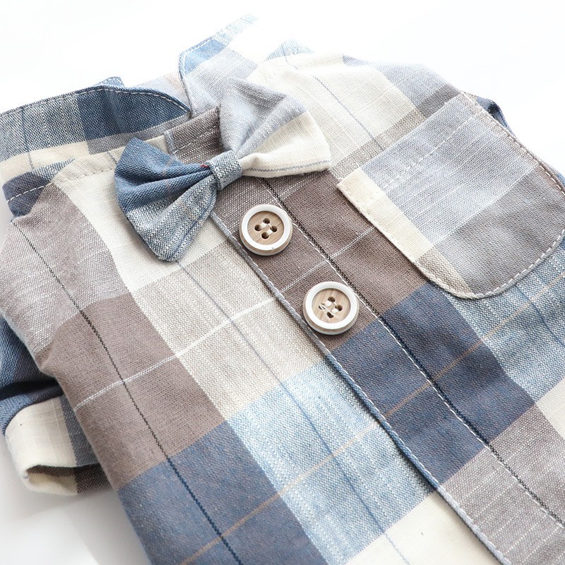 Aó sơ mi caro CAMQUYTSTORE  gắn nơ cho thú cưng