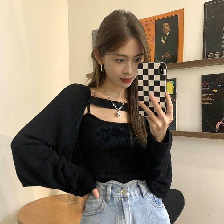 QADCOL Set Áo Dệt Kim Tay Dài Và Áo Hai Dây Thời Trang Cho Nữ