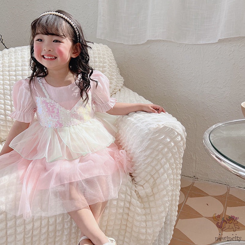 Đầm Tay Ngắn Cổ Tròn Đính Kim Sa Phong Cách Hàn Quốc Thời Trang Cho Bé Gái