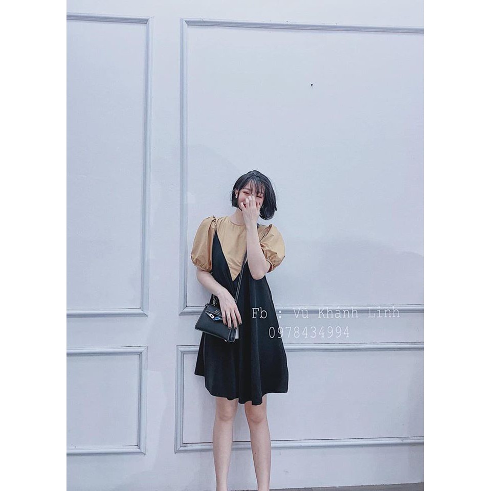 Váy umi tay bồng cổ yếm nâu tây