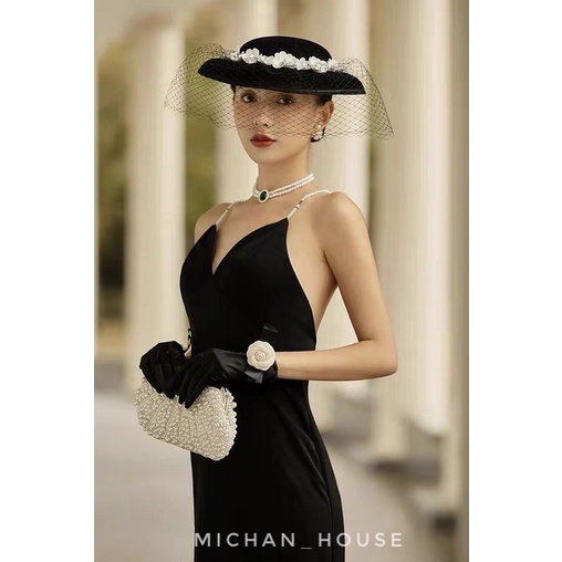 Găng tay màu đen đính hoa phong cách cổ điển quý phái