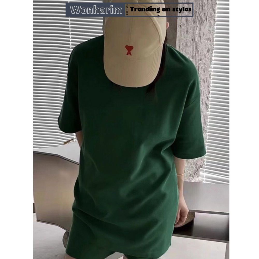Bộ thun trơn màu xanh form rộng tay lỡ nữ 🌸[wonharim]🌸Sét đồ kèm quân short mang phong cách Hàn Quốc