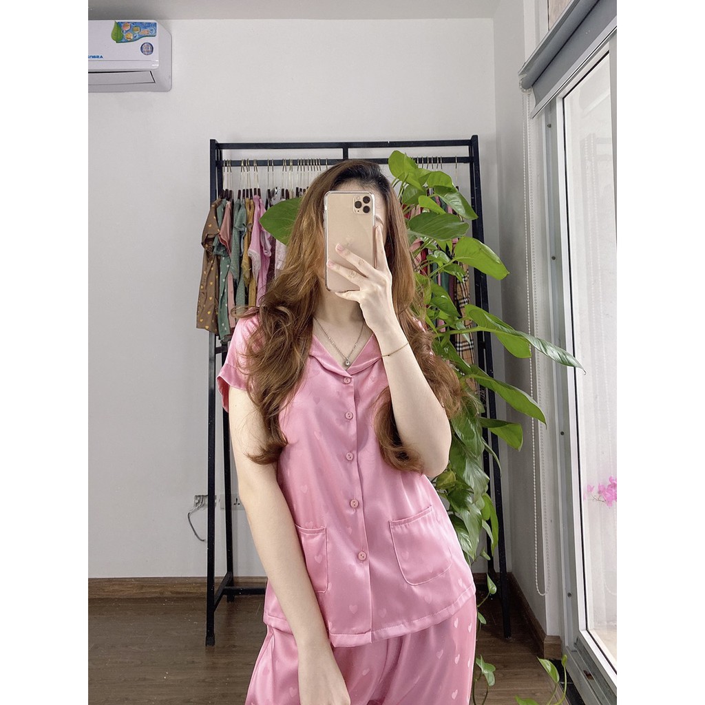 Bộ Pijama lụa gấm NOHK cao cấp mặc nhà cộc tay quần dài cổ bèo túi vuông