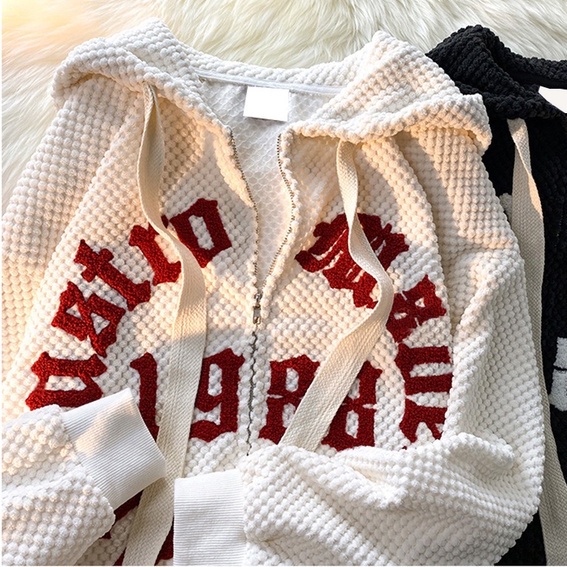 Áo khoác hoodie ZHELIHANGFEI tay dài dáng rộng có khóa kéo phong cách Mỹ đi học dễ phối đồ thời trang