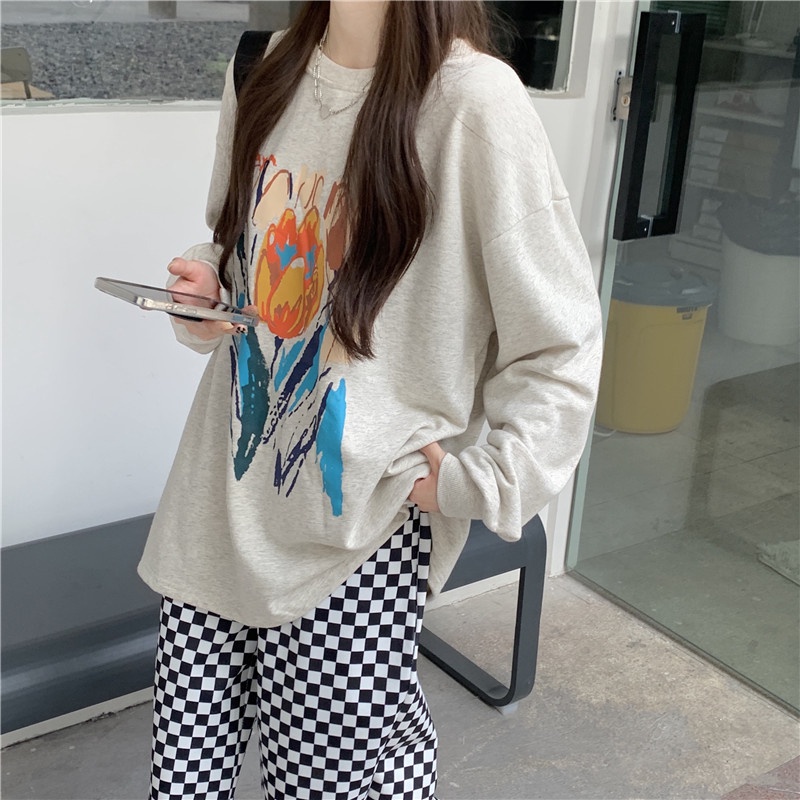 Áo sweater tay dài dáng rộng in họa tiết cá tính phong cách Hàn Quốc thời trang dành cho nữ