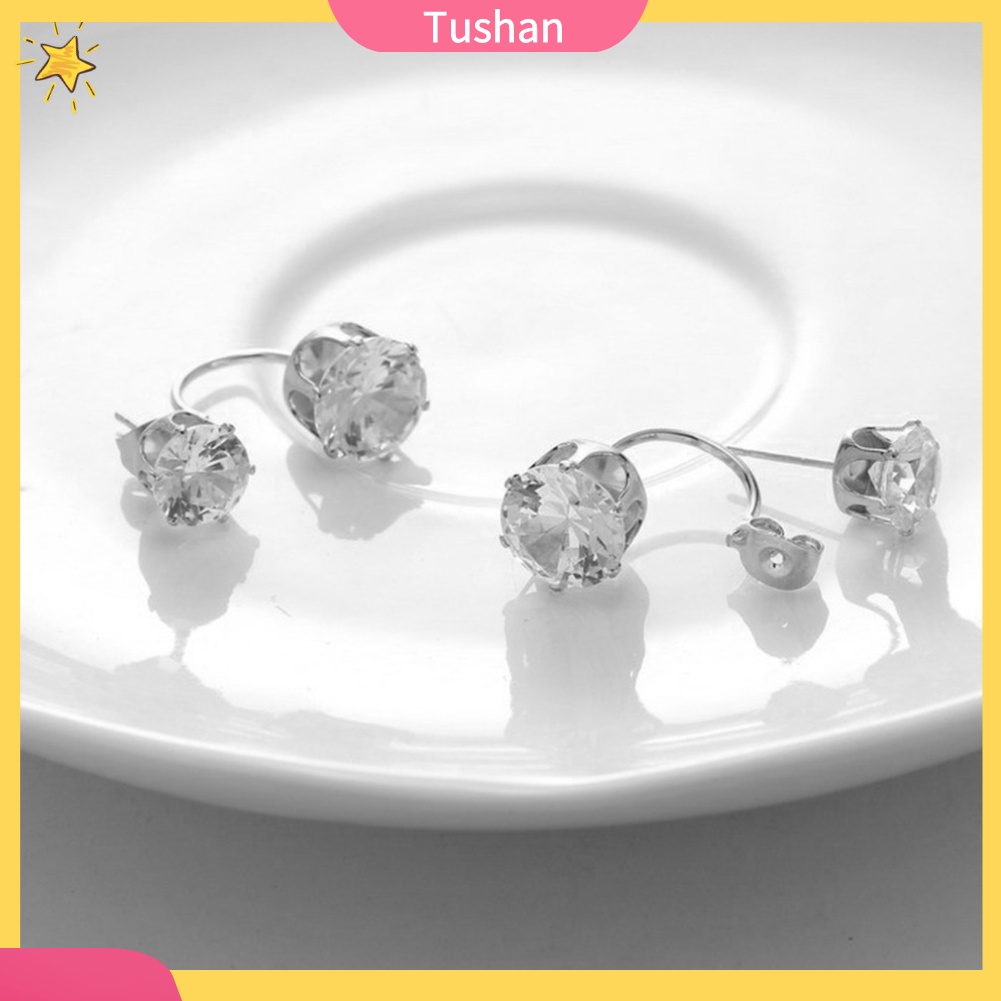 TUSH_Fashion Women Double Cubic Zirconia Drop Ear Jacket Piercing Earrings Jewelry