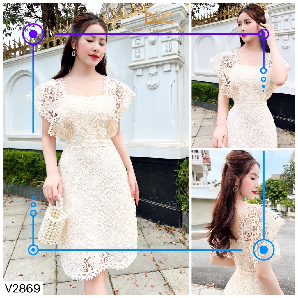 Váy chữ A ren kem cánh tiên cổ vuông siêu xinh V2869