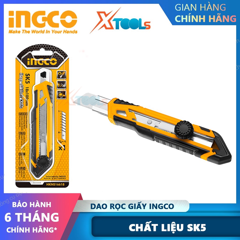 Dao rọc giấy cao cấp INGCO lưỡi dao 18x100mm nhựa ABS cứng chắc cắt giấy rọc băng keo thùng hàng bìa carton