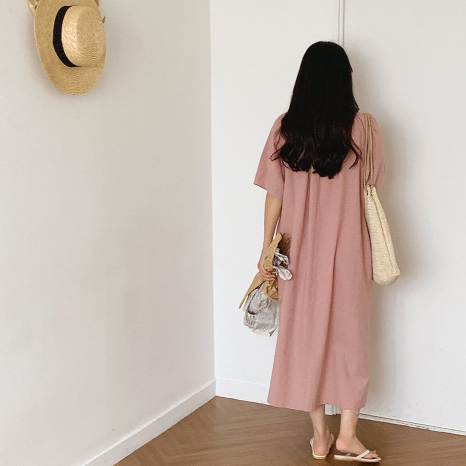 Đầm Maxi Ngắn Tay Cổ Chữ V Trơn Màu Xinh Xắn Kiểu Pháp 35176 Dành Cho Nữ