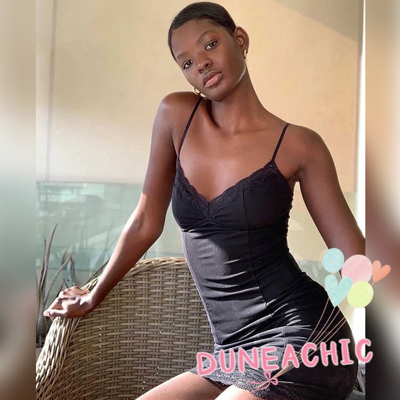 DUNEA Đầm hai dây cổ chữ V hở lưng phối ren quyến rũ thời trang cho nữ