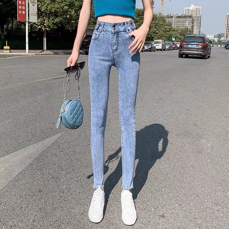 (Bigsize)Quần Jeans Nữ Dài 2 Nút Trơn Màu Xanh Nhạt Siêu Hack Dáng Lưng Siêu Cao Hot Hit