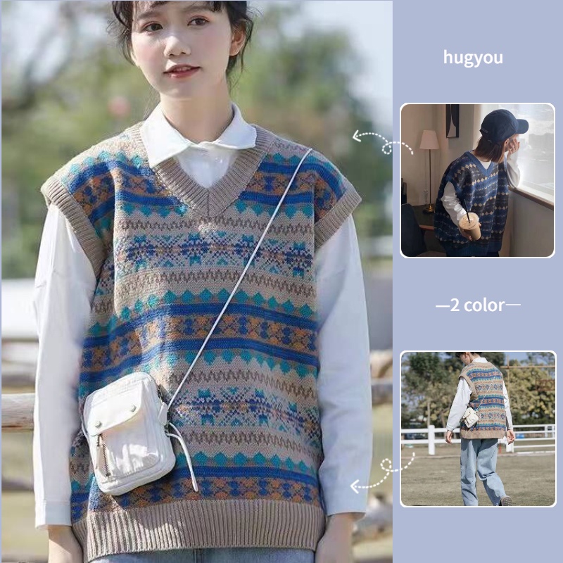 Áo ghi lê cổ V dệt kim thiết kế dáng rộng thích hợp cho nữ sinh theo phong cách Hàn Quốc