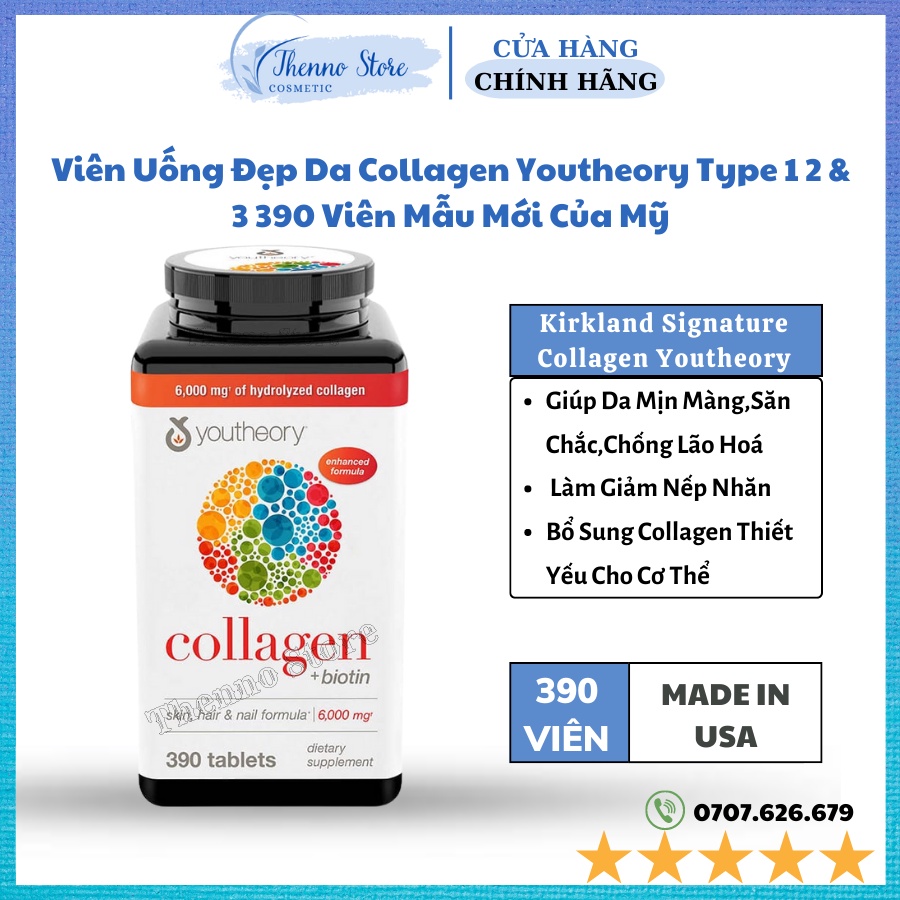 Viên Uống Đẹp Da Collagen Youtheory Type 1 2 & 3 390 Viên Mẫu Mới Của Mỹ - Collagen Không Biến Tính
