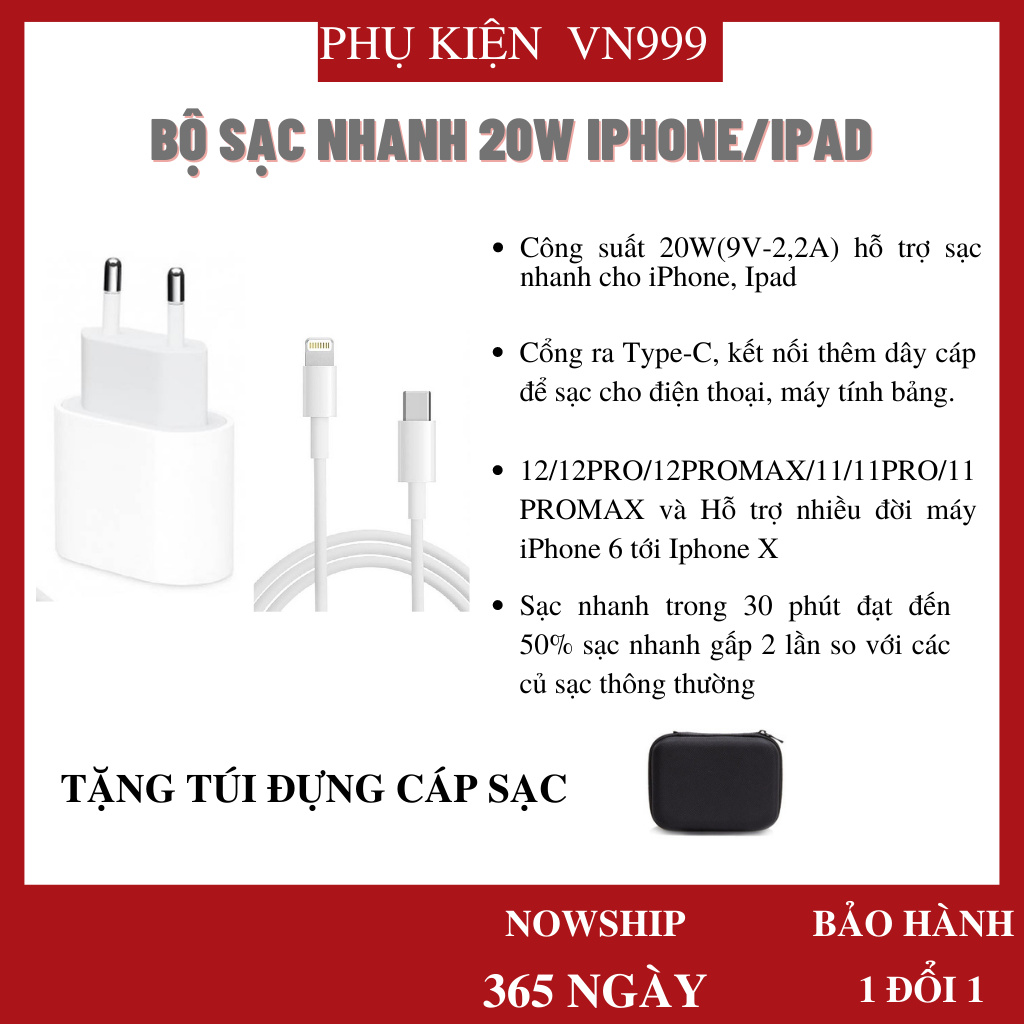 BỘ SẠC NHANH 20W CHÍNH HÃNG 1 ĐỔI 1