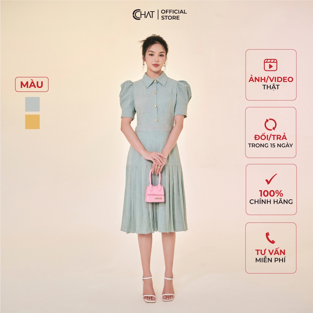 Đầm Nữ 𝐂𝐂𝐇𝐀𝐓 Tay Bồng Đuôi Cá Xếp Ly Chất Đũi Cao Cấp 12VND2037YT