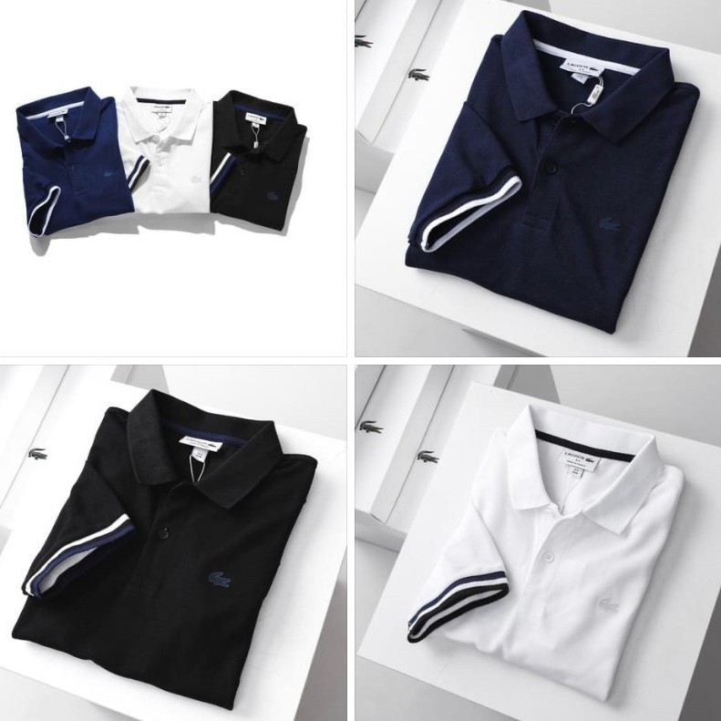 Áo Thun Nam Có Cổ Polo LACOSTE TAY VIỀN TRẮNG vải da cá sấu mịn mát cực xịn - không viền cổ cao cấp 3 màu