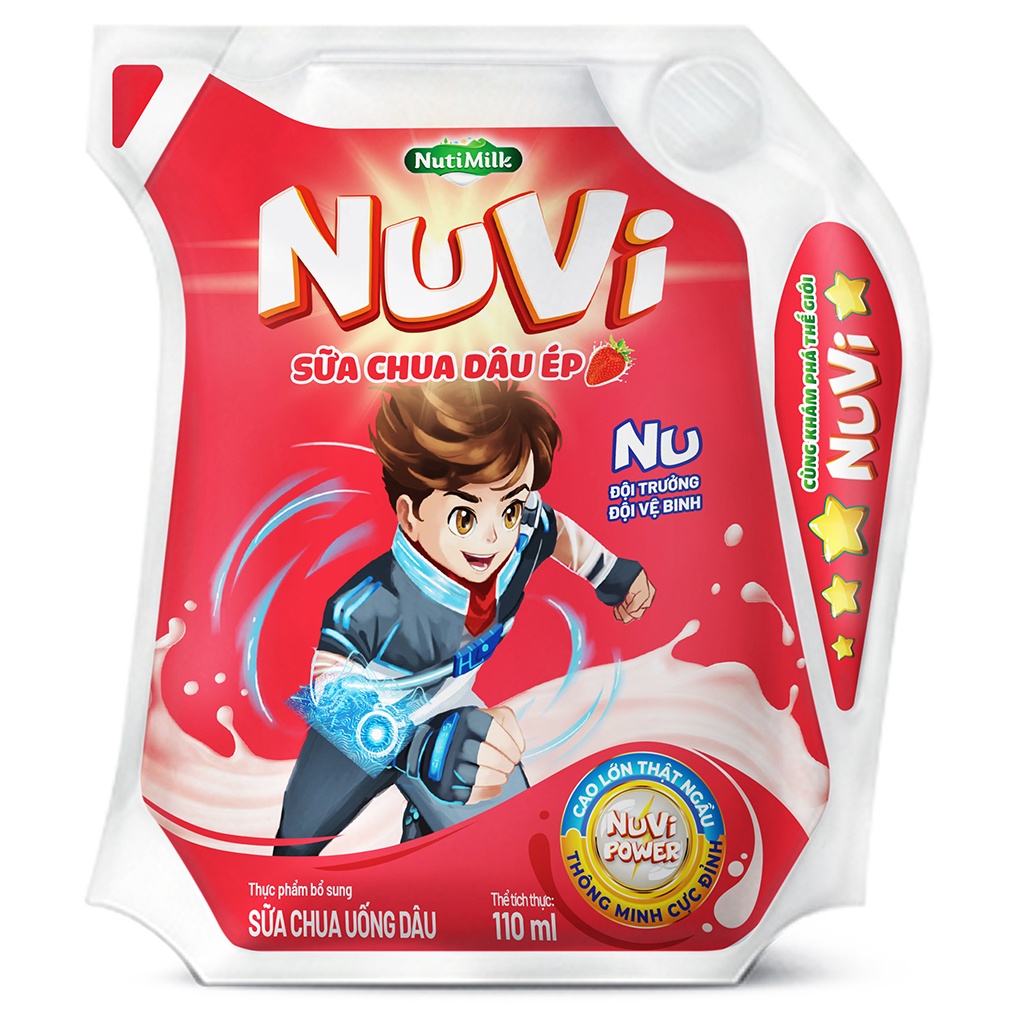 Thùng 24 Túi Sữa Chua Dâu Ép Nuvi 110ml Giúp Bé Phát Triển Trí Não, Chiều Cao Cho Bé-TUH