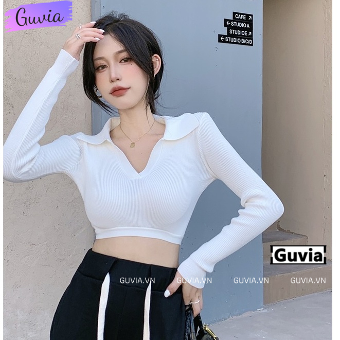 Áo Croptop Nữ Tay Dài CỔ BẺ XẺ V Ôm Body, Áo Thun Croptop Kiểu Sexy Chất Thun GUVIA CR68