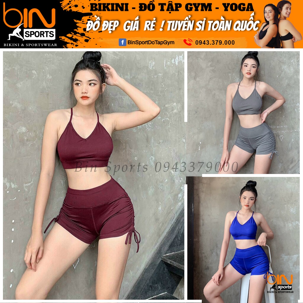 Set bộ đùi thể thao tập gym yoga nữ áo bra kèm mút quần đùi dây rút Bin Sports BN042