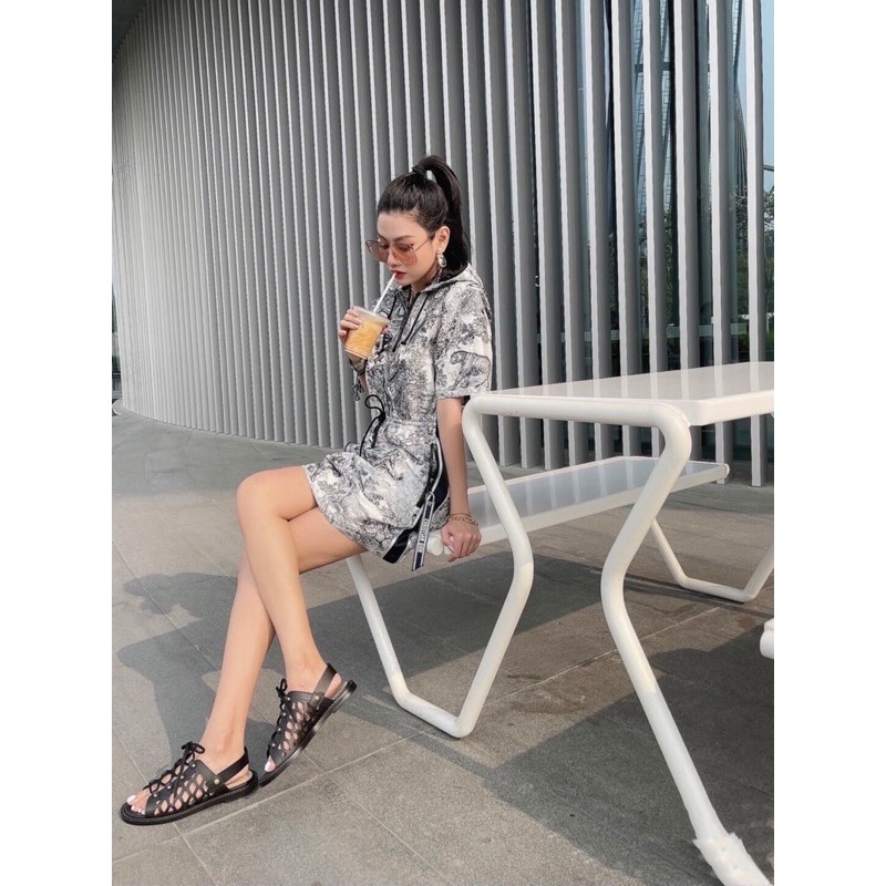 Váy nữ ngắn tay vải dệt kim in hoạ tiết phần eo được co giãn dior CD