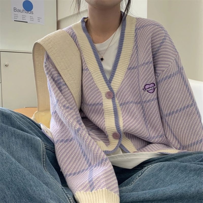 Áo khoác Cardigan len kẻ tím có nút và không nút cổ chữ V oder taobao