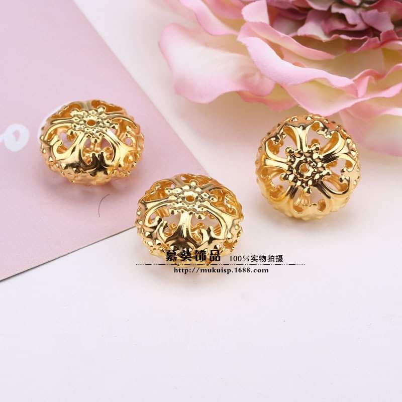 Quả cầu hoa vàng rỗng kích thước 20mm, Nguyên liệu làm trang sức cổ trang, nguyên liệu làm cài tóc cổ trang