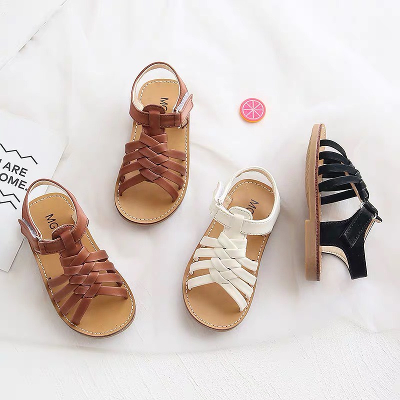 Sandal quai dây cho bé gái da có quai dán đế mềm chống trượt (v533) - dép quai hậu tết chéo sz21-sz30, nâu, đen, trắng
