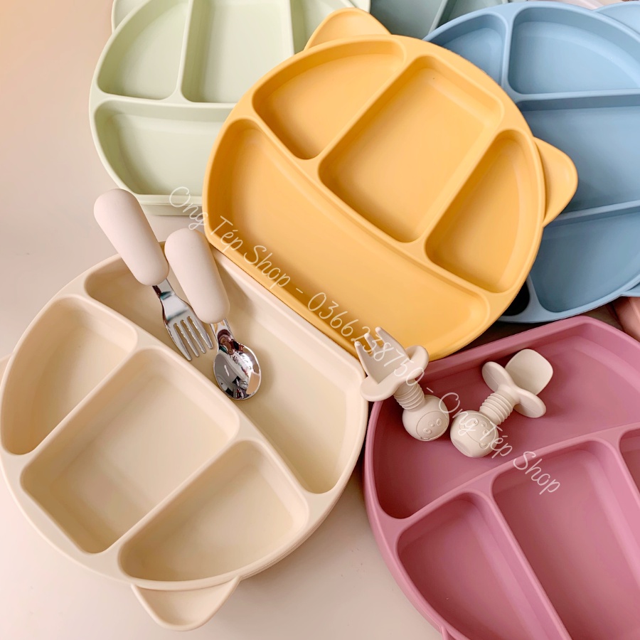 Khay ăn dặm silicon hình gấu 4 ngăn có đế hít chống lật cho bé