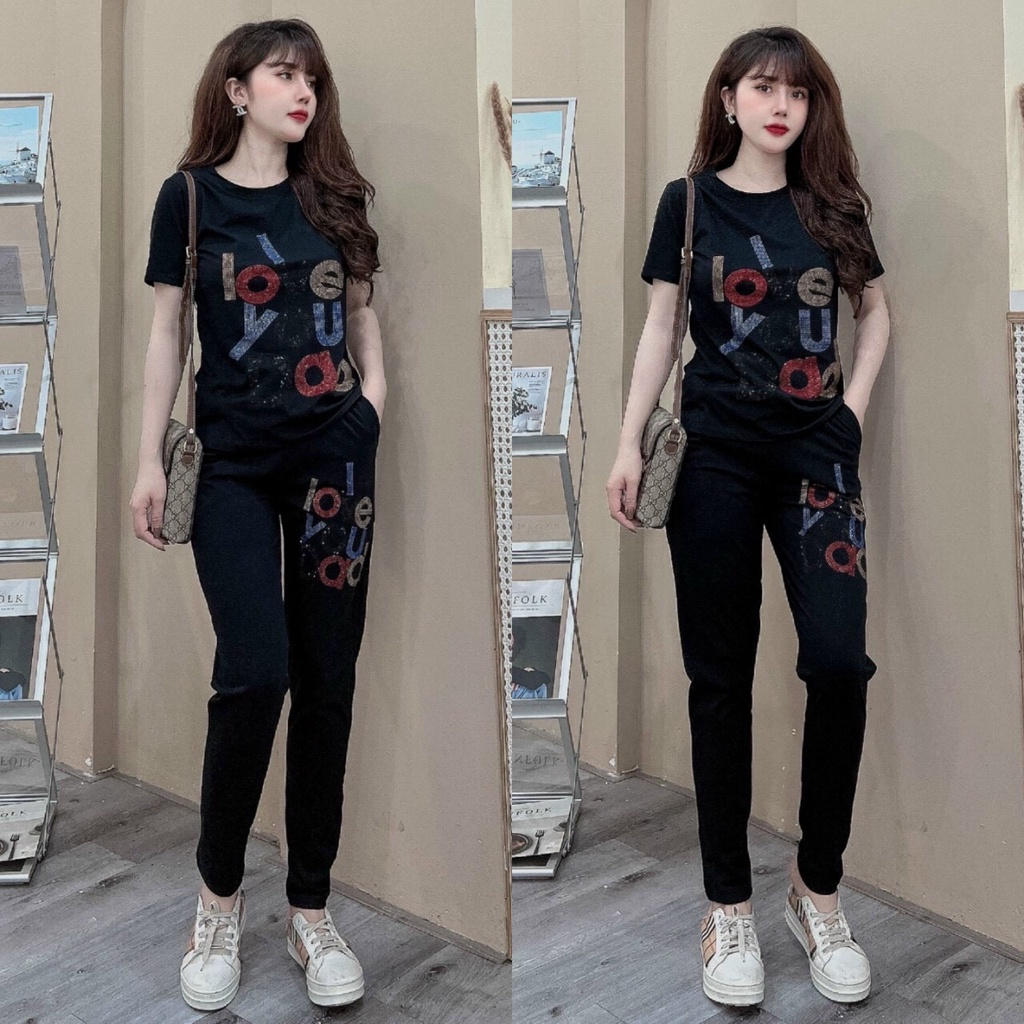 Đồ Bộ Nữ - Bộ Thể Thao Nữ Form Rộng Áo Màu Đen Phối Logo Chất Thun Cotton Đủ Size M,L,XL,XXL.
