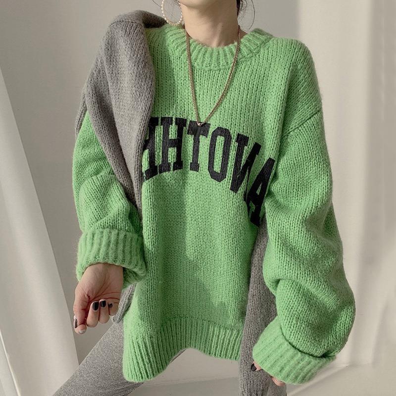 Áo Sweater Dệt Kim Dày Dáng Rộng In Chữ Màu Sắc Ngọt Ngào Phong Cách Hàn Quốc