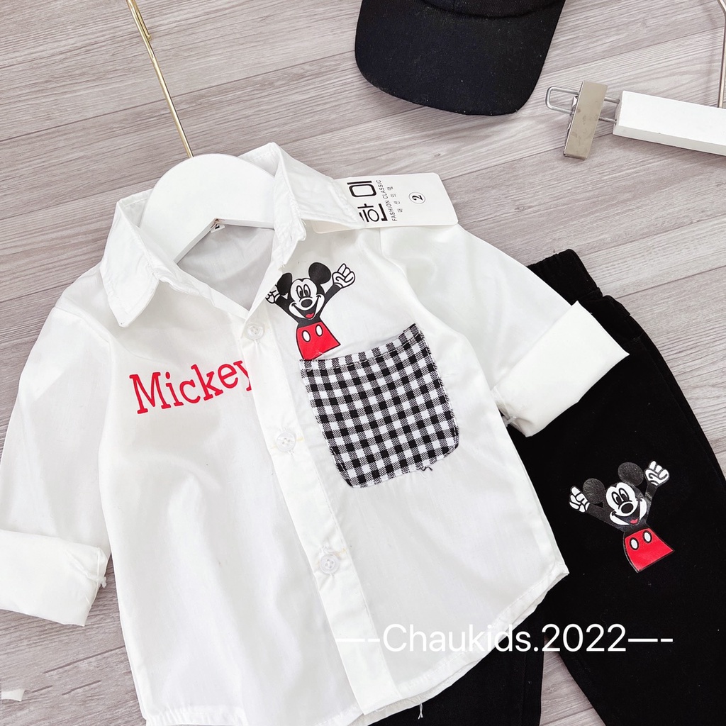 Bộ sơ mi in mickey áo đỏ bé trai