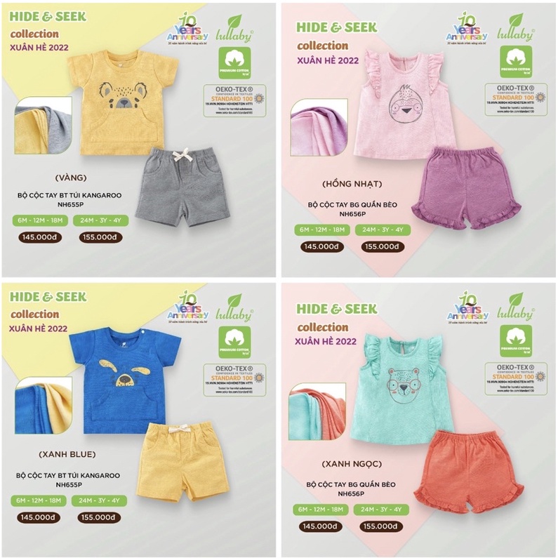 Bộ cộc tay cài vai/nhún bèo chất cotton Lullaby cho bé NH140V