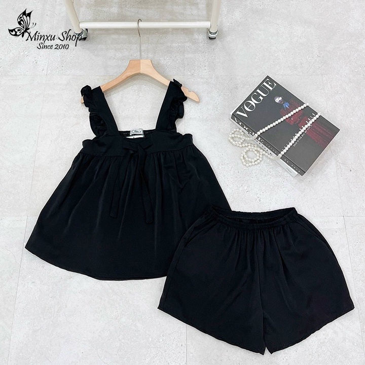 Bộ đồ ngủ 2 dây nữ, cổ vuông có nơ sexy gợi cảm, form rộng quần đùi dễ thương vải lụa trơm mềm mịn Minxu shop YL