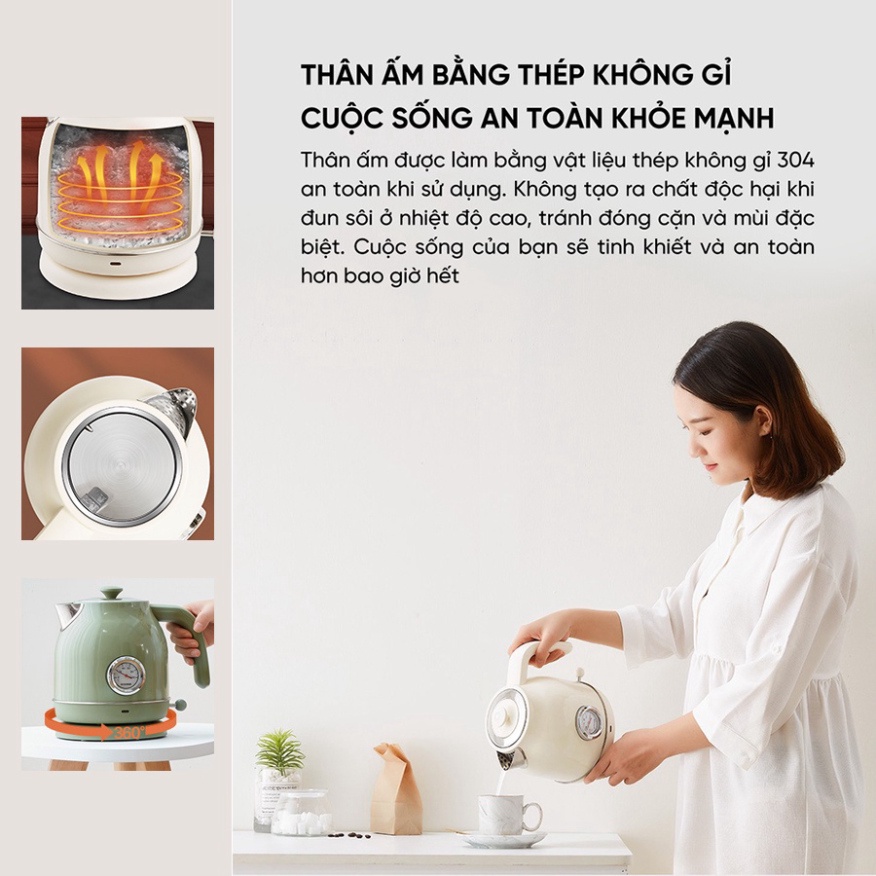 Ấm cực nhanh Xiaomi Qcooker Có đồng hồ thời trang Đo nhiệt Nước Ruột Inox 304 kiến thiết phong thái Retro Cổ Điển